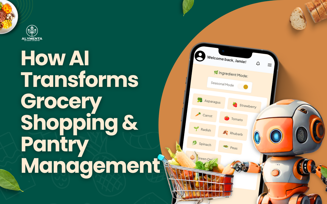 Illustration of AI transforming grocery shopping and pantry management with robot assistant, smartphone app, and shopping cart full of fresh produce.