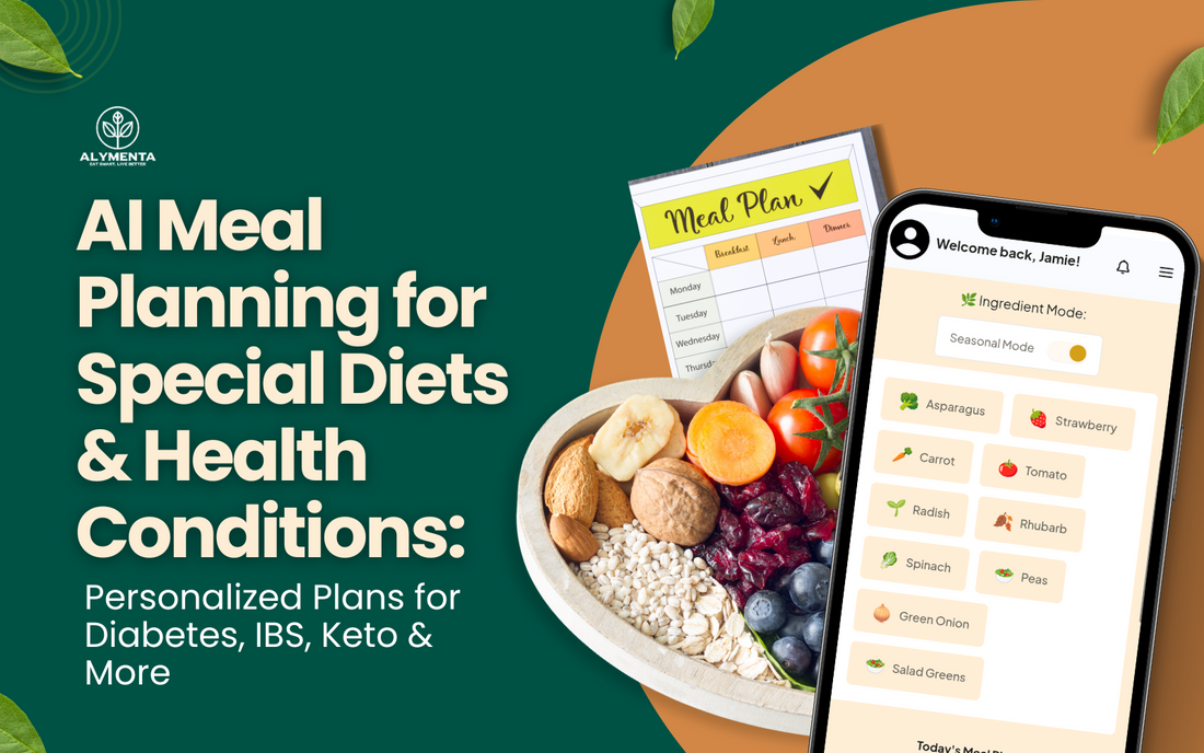 AI meal planning for special diets and health conditions – personalized nutrition plans for diabetes, IBS, keto, heart health, and more, with mobile app interface and healthy food bowl.