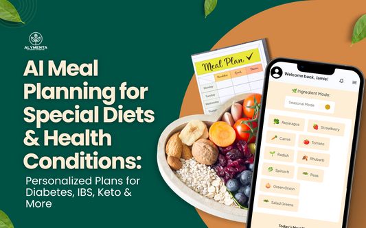 AI meal planning for special diets and health conditions – personalized nutrition plans for diabetes, IBS, keto, heart health, and more, with mobile app interface and healthy food bowl.