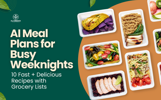 AI meal plan thumbnail showing healthy prepped meals with colorful ingredients like vegetables, grains, and proteins, promoting fast and delicious weeknight recipes with grocery lists