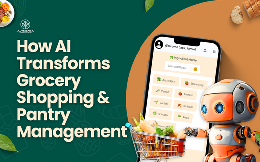 Illustration of AI transforming grocery shopping and pantry management with robot assistant, smartphone app, and shopping cart full of fresh produce.
