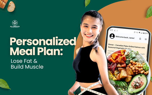 Smiling woman holding measuring tape with a healthy meal and mobile screen showing AI-generated personalized meal plan